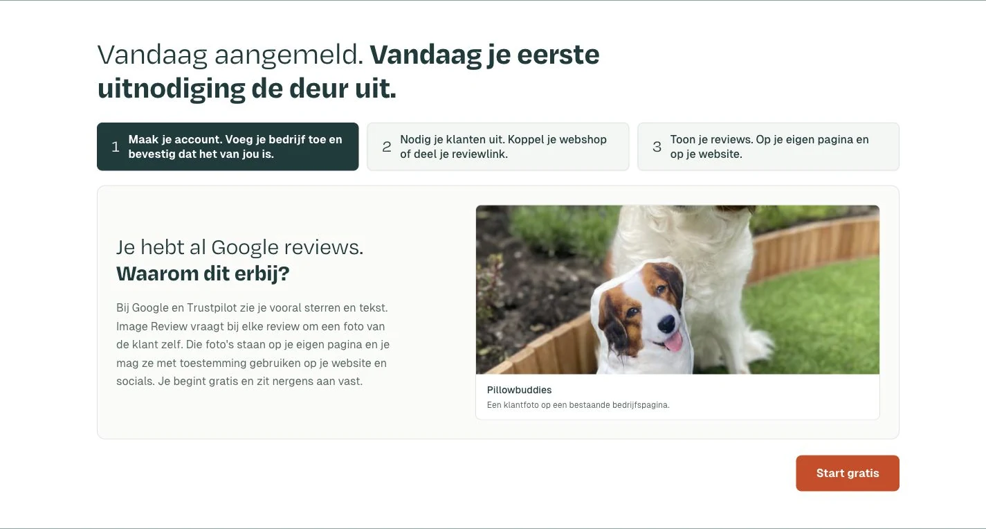 De drie stappen van ImageReview: een account maken, klanten uitnodigen en reviews tonen.