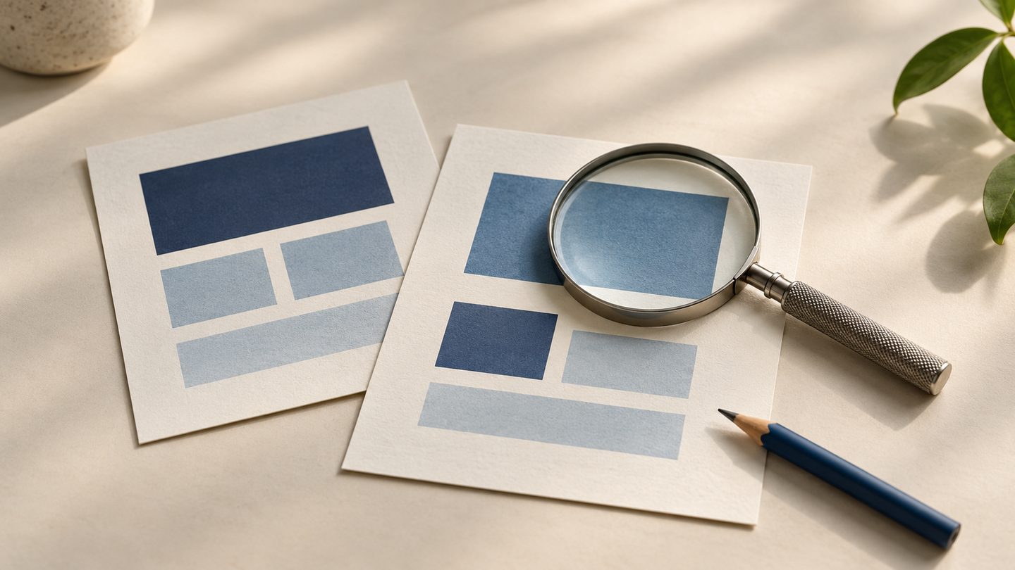 Neutrale redactionele illustratie van een vergrootglas boven een papieren paginalayout met blauwe blokken.